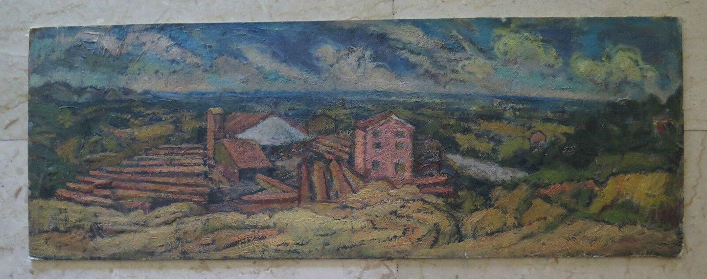 QUADRO ANTICO DIPINTO OLIO SU TAVOLA PAESAGGIO CAMPAGNA VEDUTA DALLA COLLINA p8 - Belbello Antiques