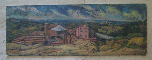 QUADRO ANTICO DIPINTO OLIO SU TAVOLA PAESAGGIO CAMPAGNA VEDUTA DALLA COLLINA p8 - Belbello Antiques