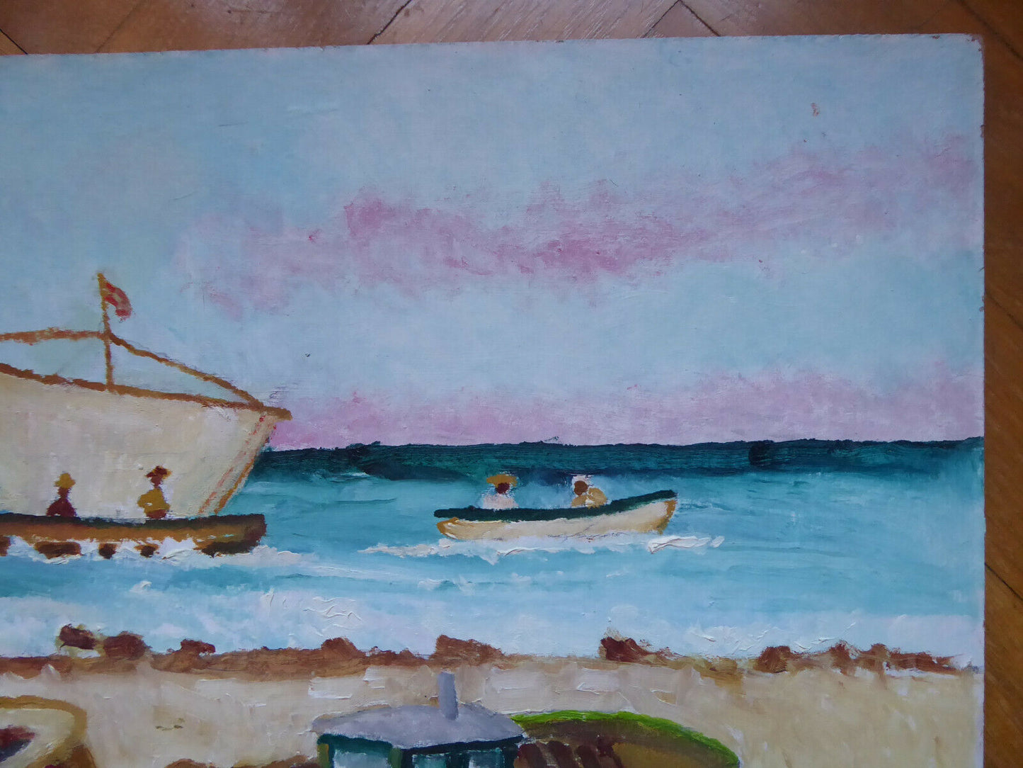 BARCHE DI PESCATORI SULLA SPIAGGIA VECCHIO QUADRO DIPINTO OLIO FIRMATO MD6 - Belbello Antiques