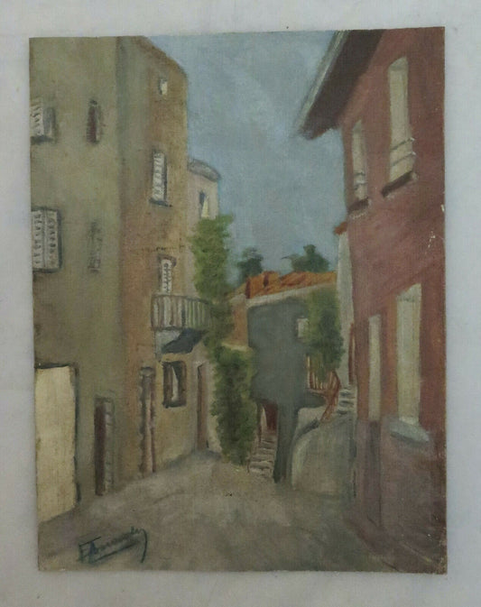 VEDUTA DI PAESE VECCHIO QUADRO AD OLIO SU TAVOLA FIRMATO DIPINTO VINTAGE BM40