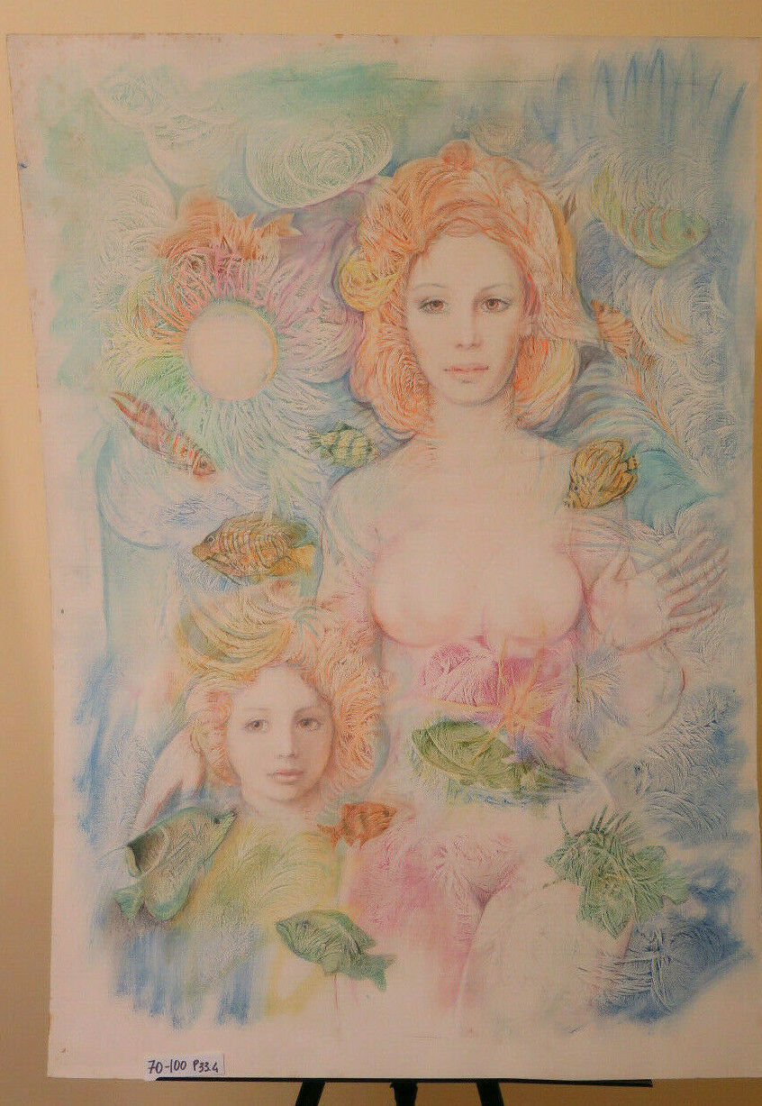 70x100 cm VINTAGE PAINTING MIXED TECHNIQUE NUDE FEMALE PORTRAIT P33.4