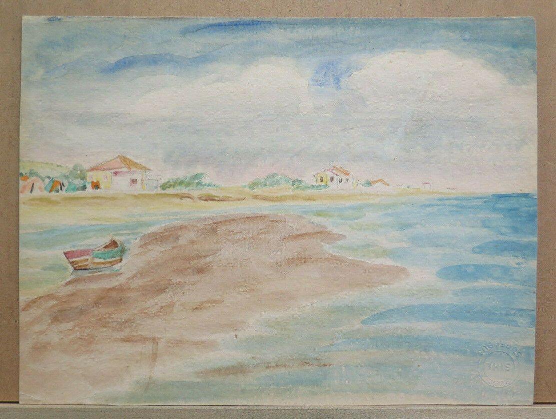 VEDUTA DI MARE MARINA RIVIERA FRANCESE QUADRO DIPINTO ACQUERELLO SU CARTA BM53.2 - Belbello Antiques