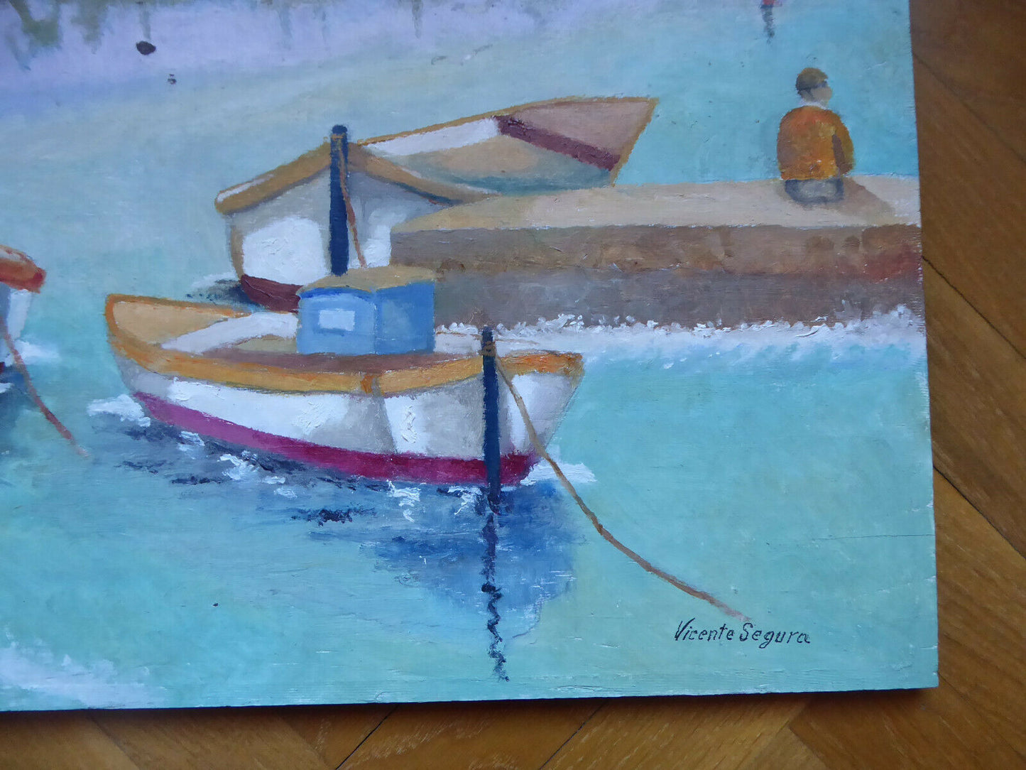 VECCHIO QUADRO OLIO SU TAVOLA VINTAGE MARINA BARCHE MARE FIRMATO SPAGNA '900 MD6 - Belbello Antiques