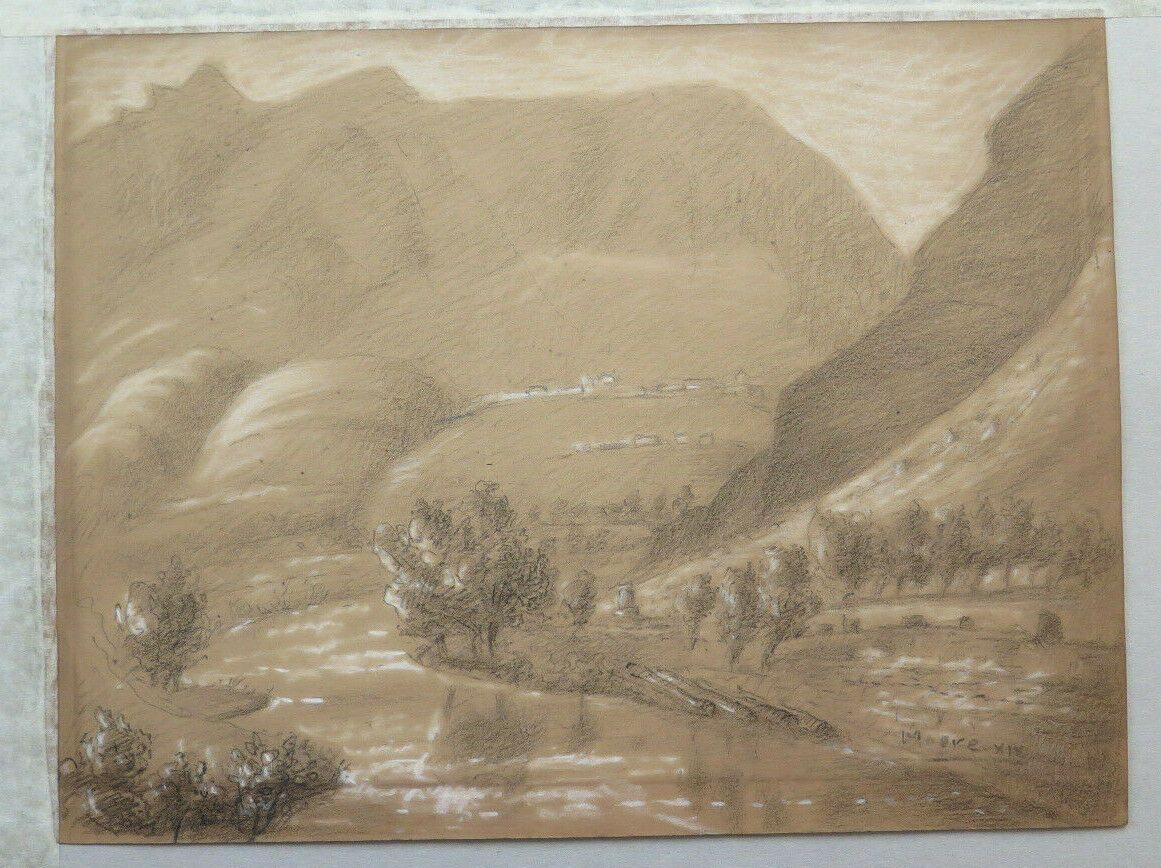 DISEGNO ANTICO MATITA SU CARTA PAESAGGIO MONTAGNE FIRMATO FRANCIA '800 BM53.2 - Belbello Antiques