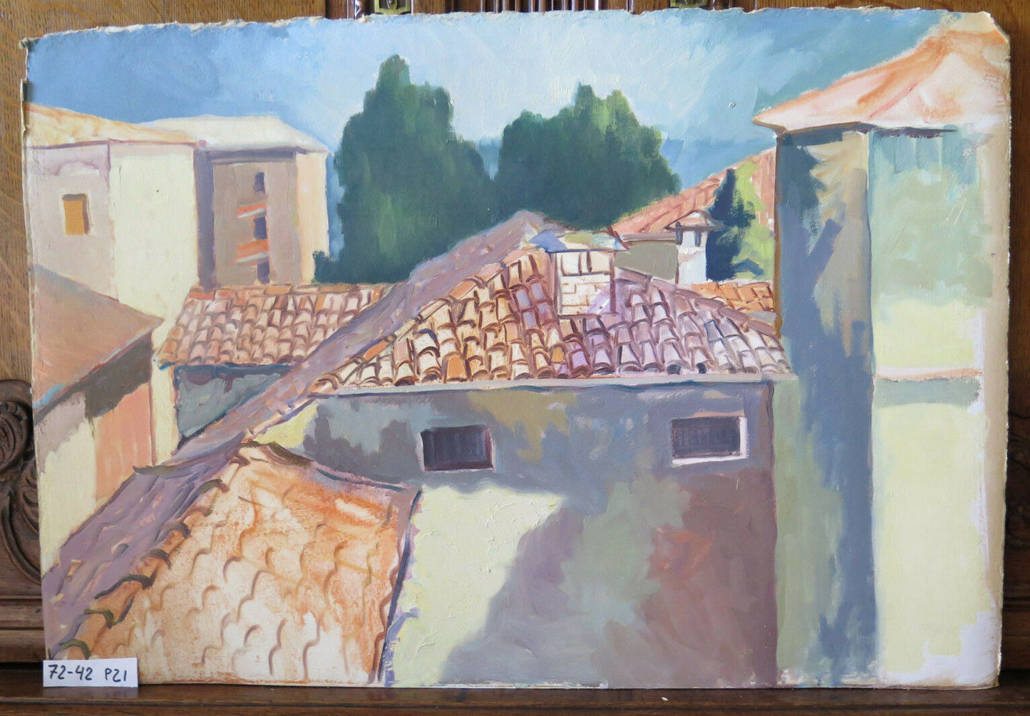 72x42 cm QUADRO AD OLIO VINTAGE VEDUTA CITTADINA PAESE PROVINCIA DI MODENA P21