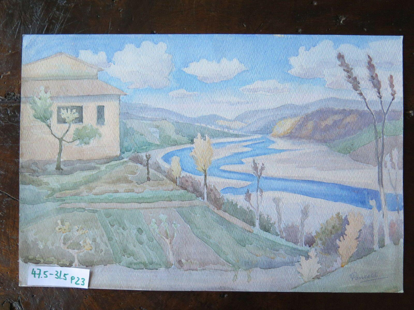 PAESAGGIO DI CAMPAGNA VALLE DEL RENO QUADRO VINTAGE DIPINTO AD ACQUERELLO P23 - Belbello Antiques