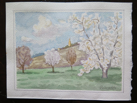 QUADRO VINTAGE DIPINTO ACQUERELLO PAESAGGIO PRIMAVERA FIORI FIRMATO 32x25 cm P14