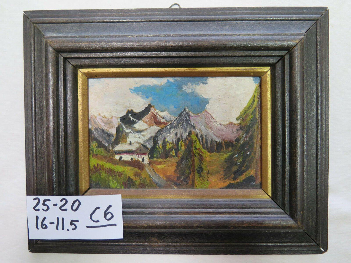 ANTICO DIPINTO AD OLIO SU TAVOLA PAESAGGIO DI MONTAGNA VEDUTA DELLE ALPI c6 - Belbello Antiques