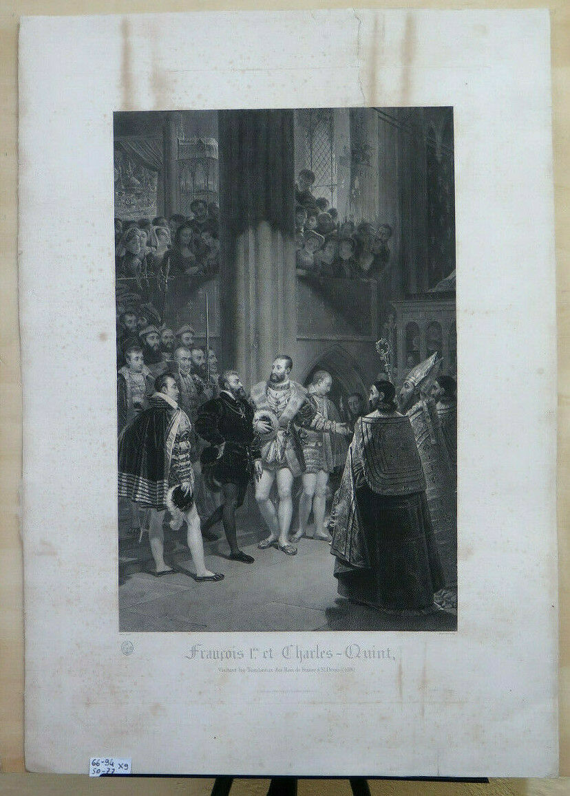 ANTIQUE PRINT Francis I and Charles V visit the tombs of the kings in Saint DENIS X9 