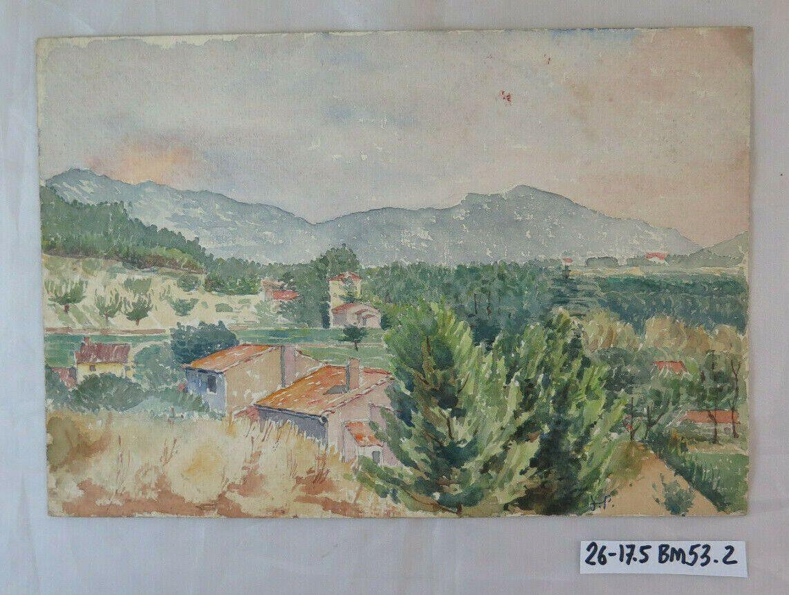 PICCOLO DIPINTO VECCHIO ACQUERELLO PAESAGGIO PROVENZA FRANCIA CARTA BM53.2 - Belbello Antiques