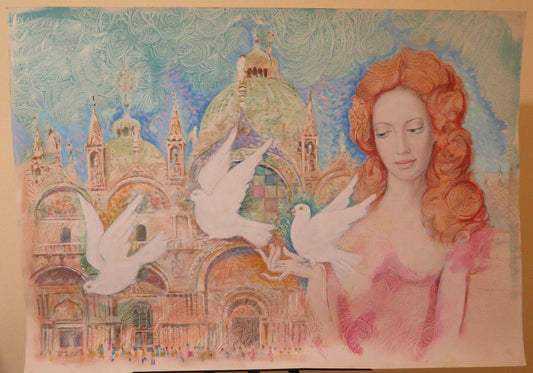 RITRATTO FEMMINILE DIPINTO MODERNO DONNA IN PIAZZA SAN MARCO A VENEZIA P33.2 - Belbello Antiques