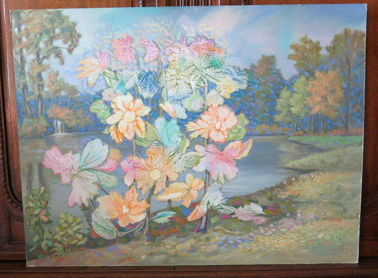 91x68 cm QUADRO AD OLIO VINTAGE PAESAGGIO FIORI LAGO ALBERI BOSCO FIRMATO P19 - Belbello Antiques