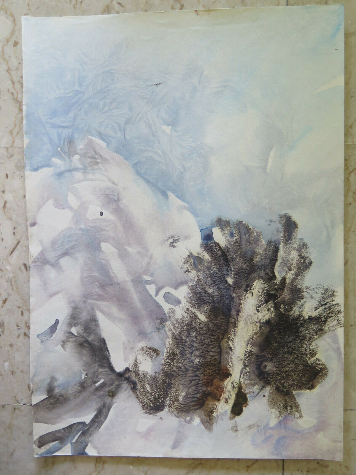 VECCHIO QUADRO PAESAGGIO INVERNALE ONIRICO DIPINTO ACQUERELLO CARTA 36x50 cm P14