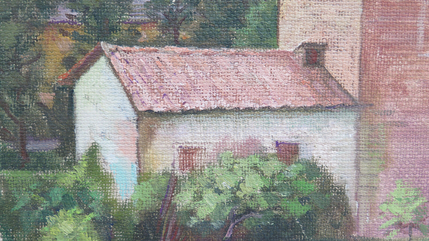 SMALL ANTIQUE OIL PAINTING ON TABLE COUNTRY VIEW WITH HOUSES P30