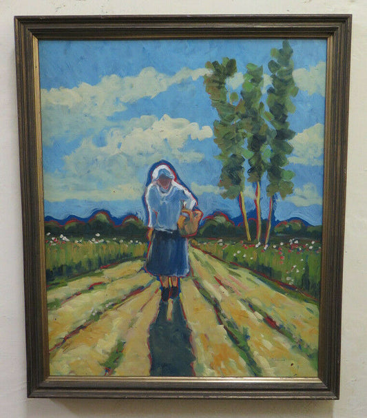 OLD PAINTING OF PEASANT IN THE FIELDS OIL PAINTING ON TABLE EARLY 1900s BM51