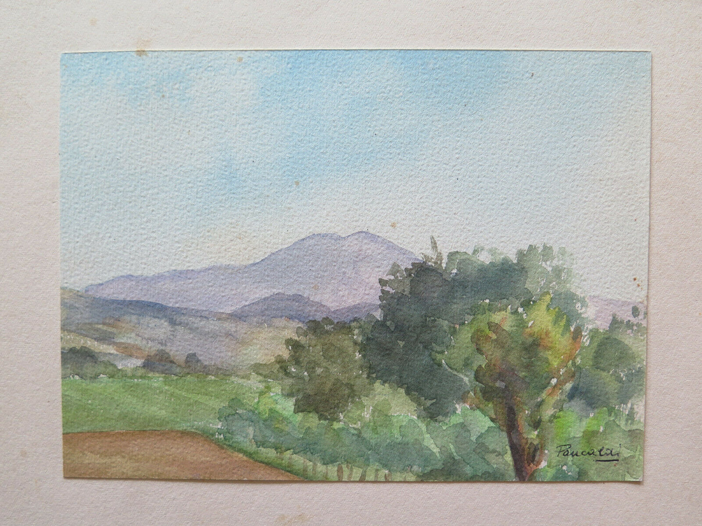 PICCOLO DIPINTO AD ACQUERELLO FIRMATO E DATATO 1949 PAESAGGIO CAMPI 19x14 cm P14