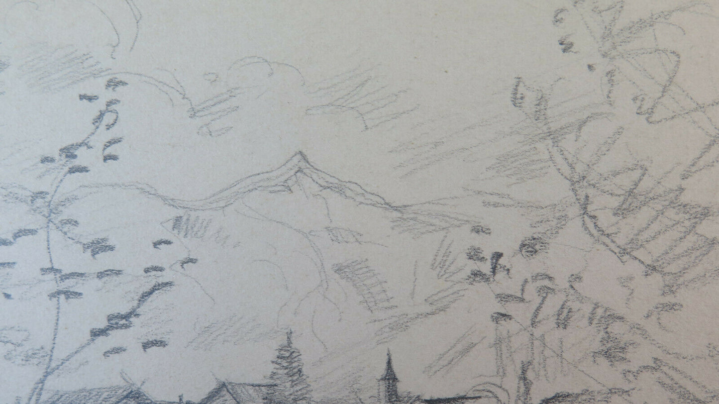 DISEGNO ANTICO FIRMATO BISCHOFF ANNI 40 PAESAGGIO ALPINO ALPI SVIZZERA BM53.2