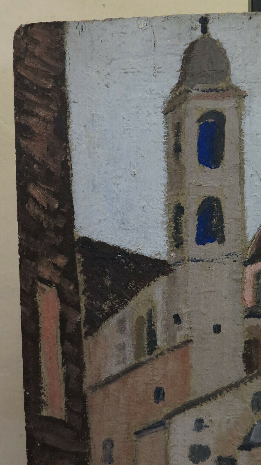 QUADRO AD OLIO EPOCA VEDUTA CHIESA CENTRO STORICO DIPINTO AD OLIO SU TAVOLA BM40