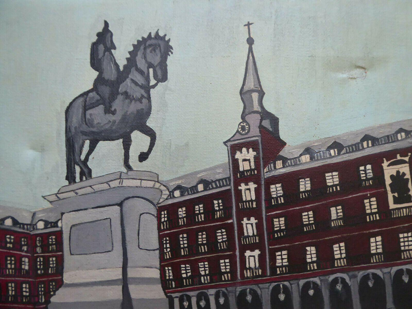 VECCHIO QUADRO AD OLIO SU TELA VEDUTA MADRID PLAZA MAYOR FIRMATO DE LEON MD5 - Belbello Antiques