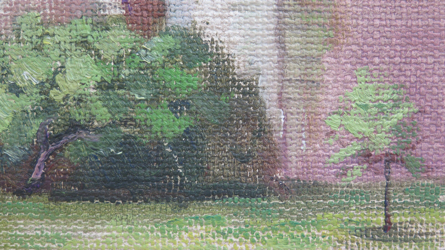 SMALL ANTIQUE OIL PAINTING ON TABLE COUNTRY VIEW WITH HOUSES P30