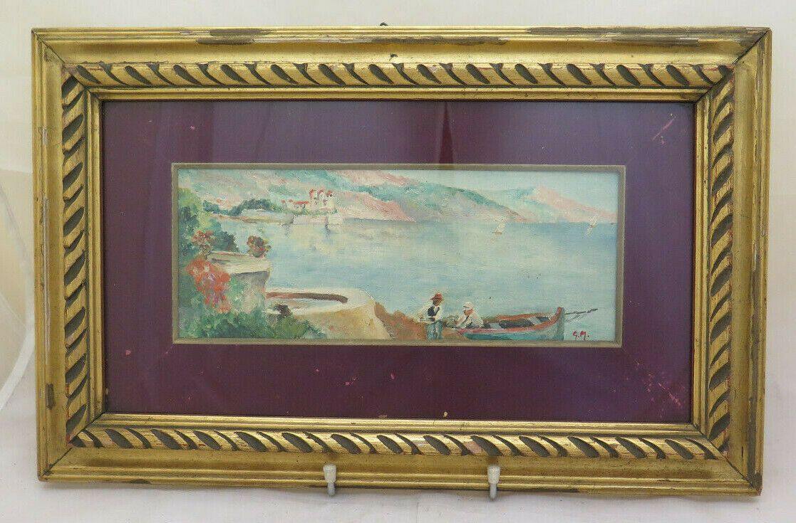 QUADRO D'EPOCA PAESAGGIO RIVIERA FRANCESE MEDITERRANEO DIPINTO OLIO FIRMATO BM45 - Belbello Antiques