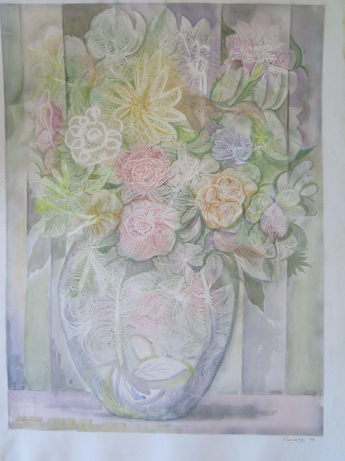 QUADRO MODERNO AD ACQUERELLO SOGGETTO FLOREALE FIORI FIRMATO PANCALDI 1982 P23 - Belbello Antiques