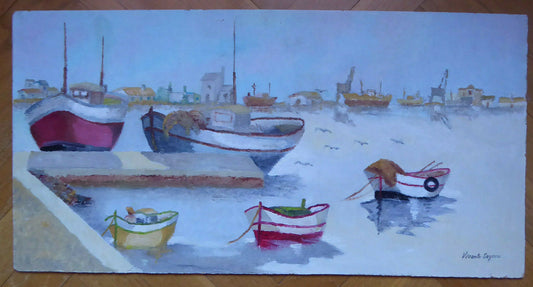 VECCHIO QUADRO OLIO SU TAVOLA BARCHE PESCATORI ORMEGGIATE AL PORTO FIRMATO MD6 - Belbello Antiques