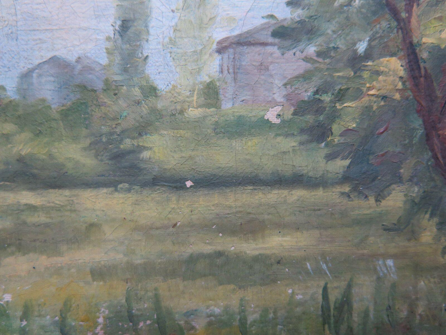 QUADRO ANTICO DIPINTO IN STILE IMPRESSIONISTA PAESAGGIO CON ALBERI MINIATURA p1 - Belbello Antiques