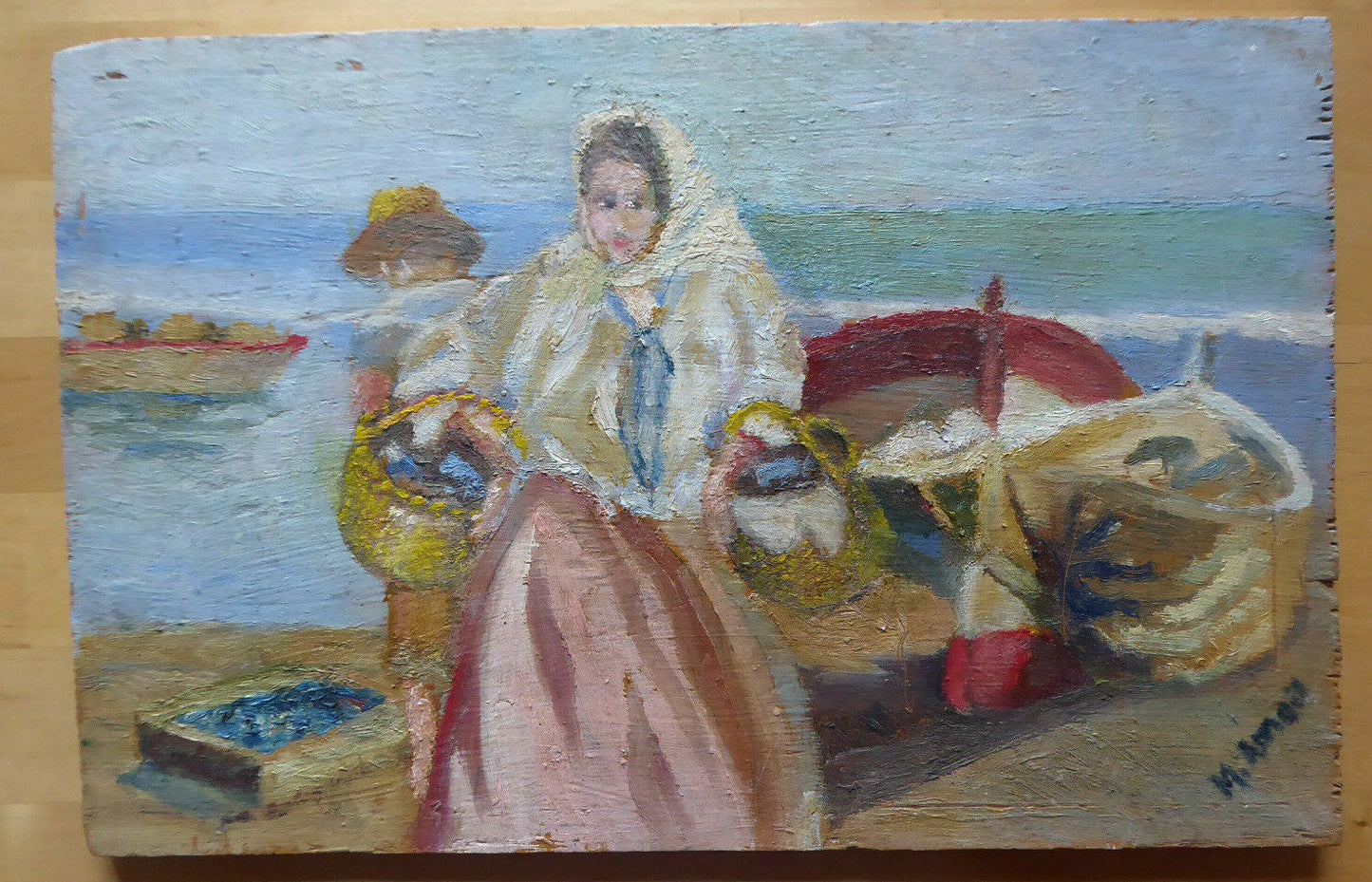 OLD SMALL OIL PAINTING SIGNED WOMAN AT THE FISH MARKET MD1 