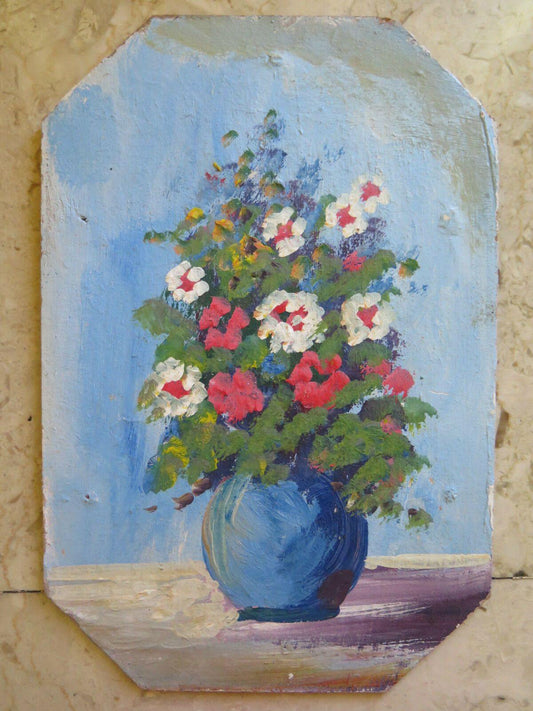 QUADRO FLOREALE FIORI DIPINTO AD OLIO SU TAVOLE VINTAGE 1960 ORIGINALE v - Belbello Antiques