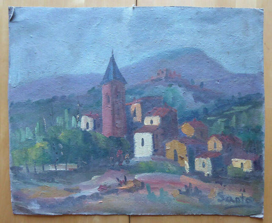 VECCHIO DIPINTO SPAGNOLO FIRMATO SANTO PAESAGGIO VEDUTA VILLAGGIO EPOCA '900 MD4 - Belbello Antiques