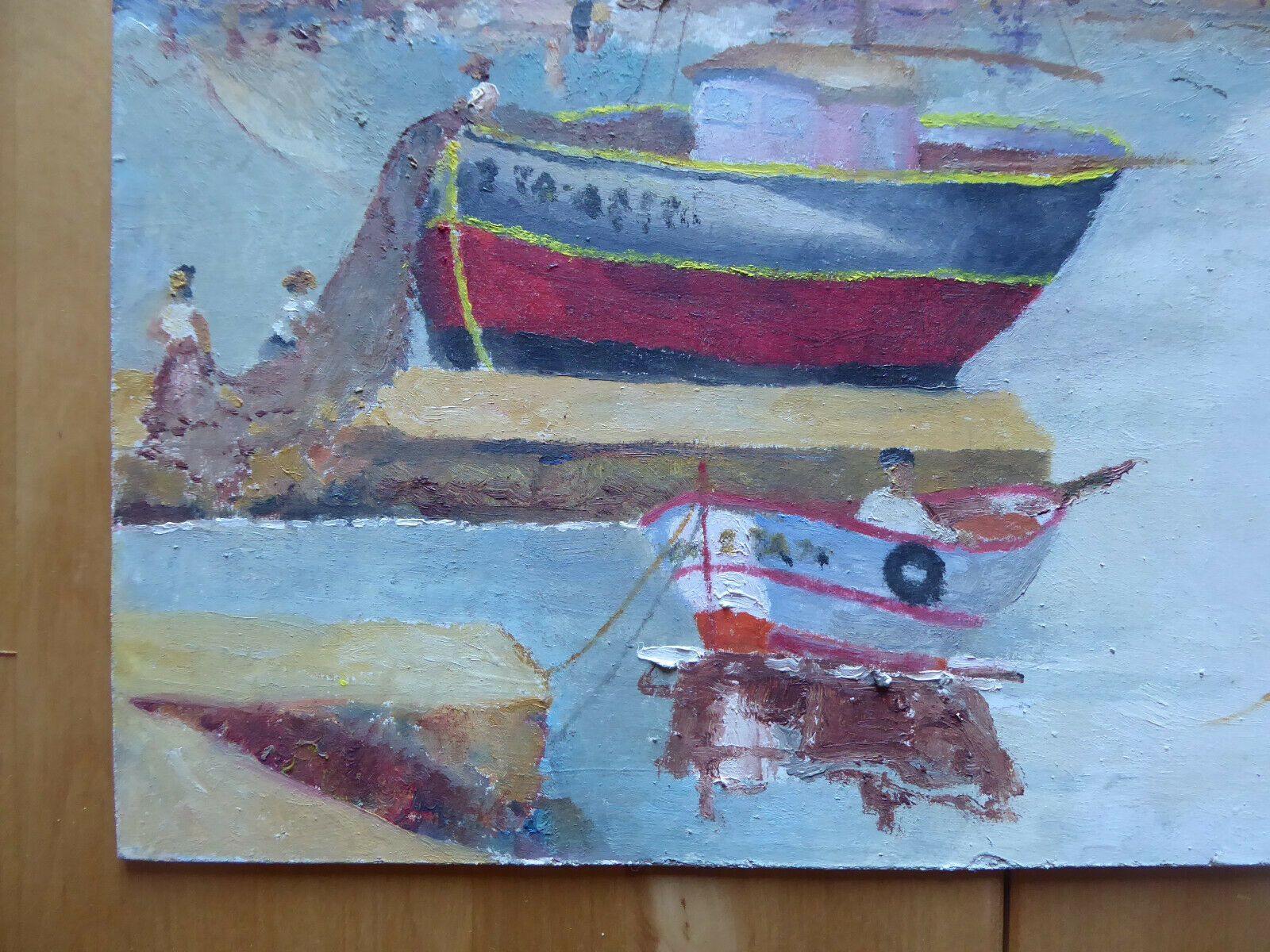 VECCHIO QUADRO AD OLIO SU TAVOLA MARINA BARCHE FIRMATO SEGURA SPAGNA '900 MD4 - Belbello Antiques