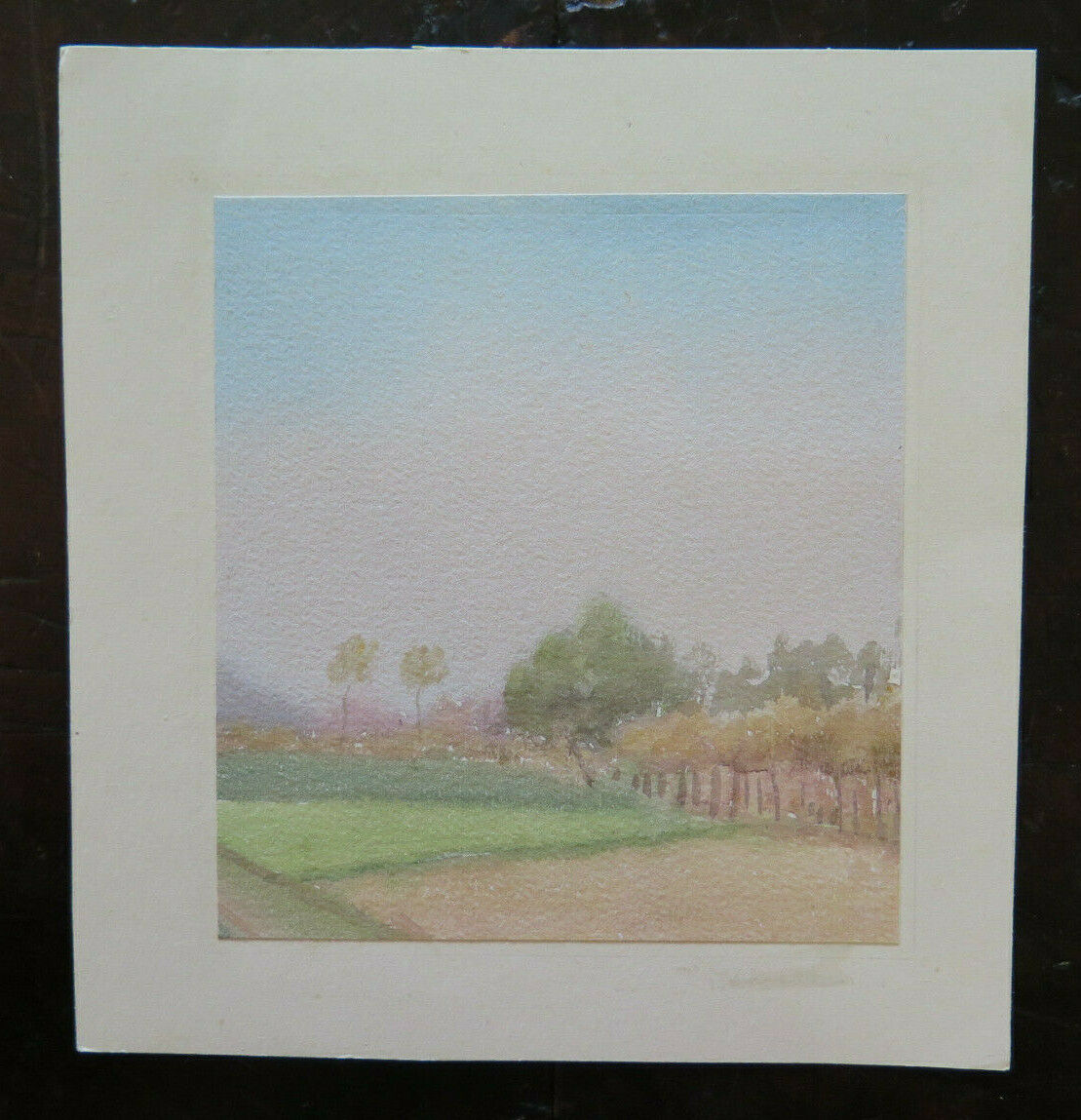 PICCOLO DIPINTO VINTAGE PAESAGGIO DI CAMPAGNA ACQUERELLO SU CARTA 11x12 cm P14