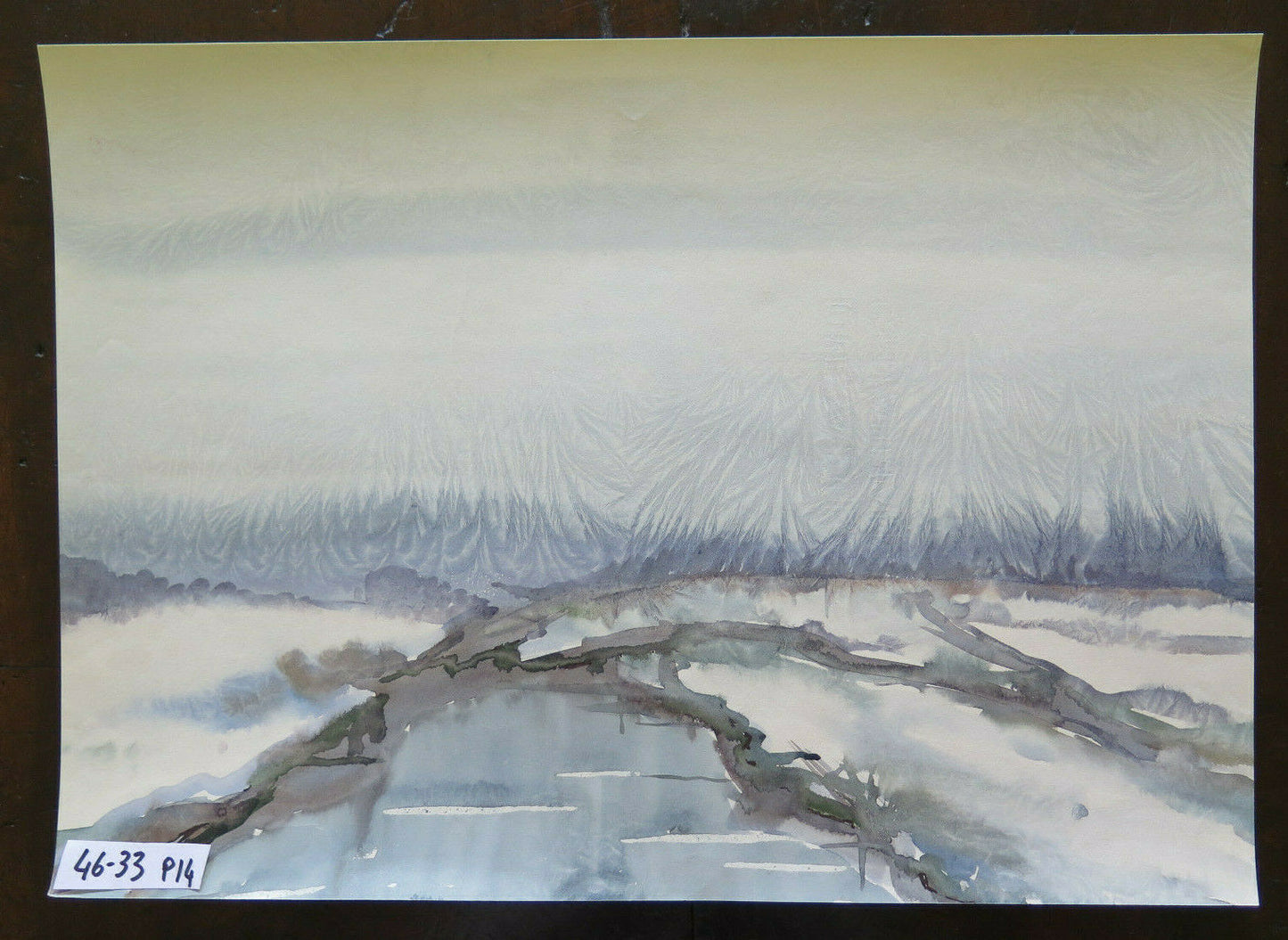 46x33 cm OLD WATERCOLOR ABSTRACT WINTER LANDSCAPE WITH MIXED TECHNIQUE P14