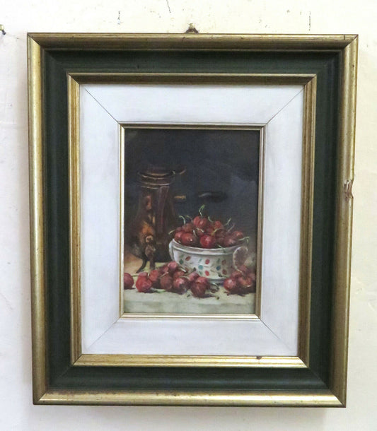 VINTAGE OIL PAINTING STILL LIFE CHERRIES SIGNED GIUSEPPE CASTAGNERO BM38 