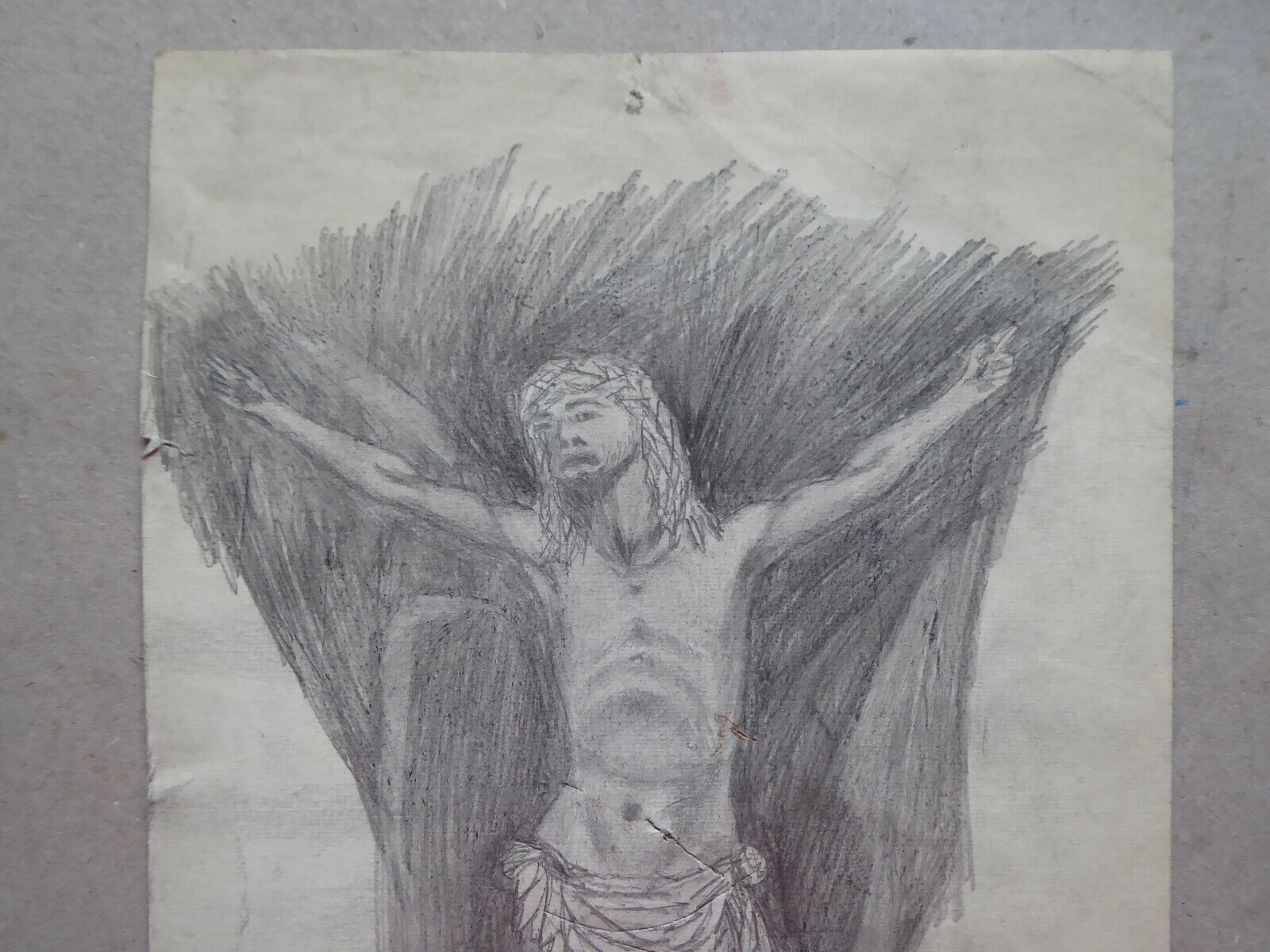 DISEGNO FIRMATO TAJADA CROCIFISSIONE GESÙ CRISTO CROCE VINTAGE VECCHIO MD10 - Belbello Antiques