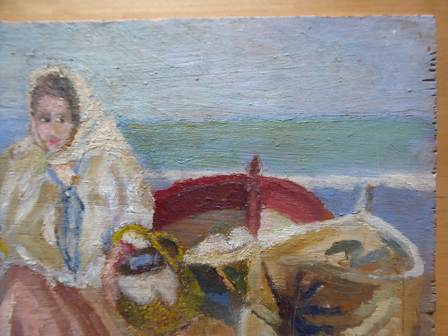 OLD SMALL OIL PAINTING SIGNED WOMAN AT THE FISH MARKET MD1 