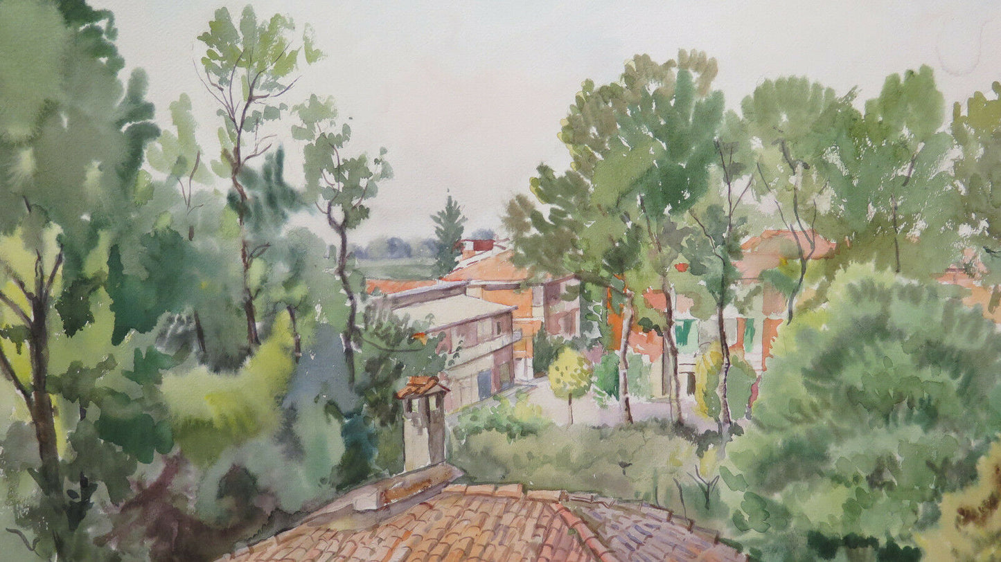 70x50 cm VINTAGE PAINTING WATERCOLOR LANDSCAPE VIEW OF TOWN P32