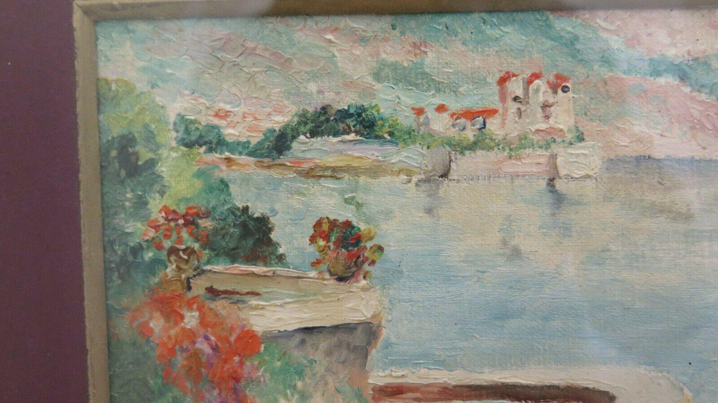 QUADRO D'EPOCA PAESAGGIO RIVIERA FRANCESE MEDITERRANEO DIPINTO OLIO FIRMATO BM45 - Belbello Antiques