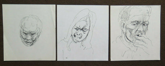 THREE PORTRAIT DRAWINGS OF MAN AND WOMAN OLD VINTAGE PEN ON PAPER 1960s P28.8