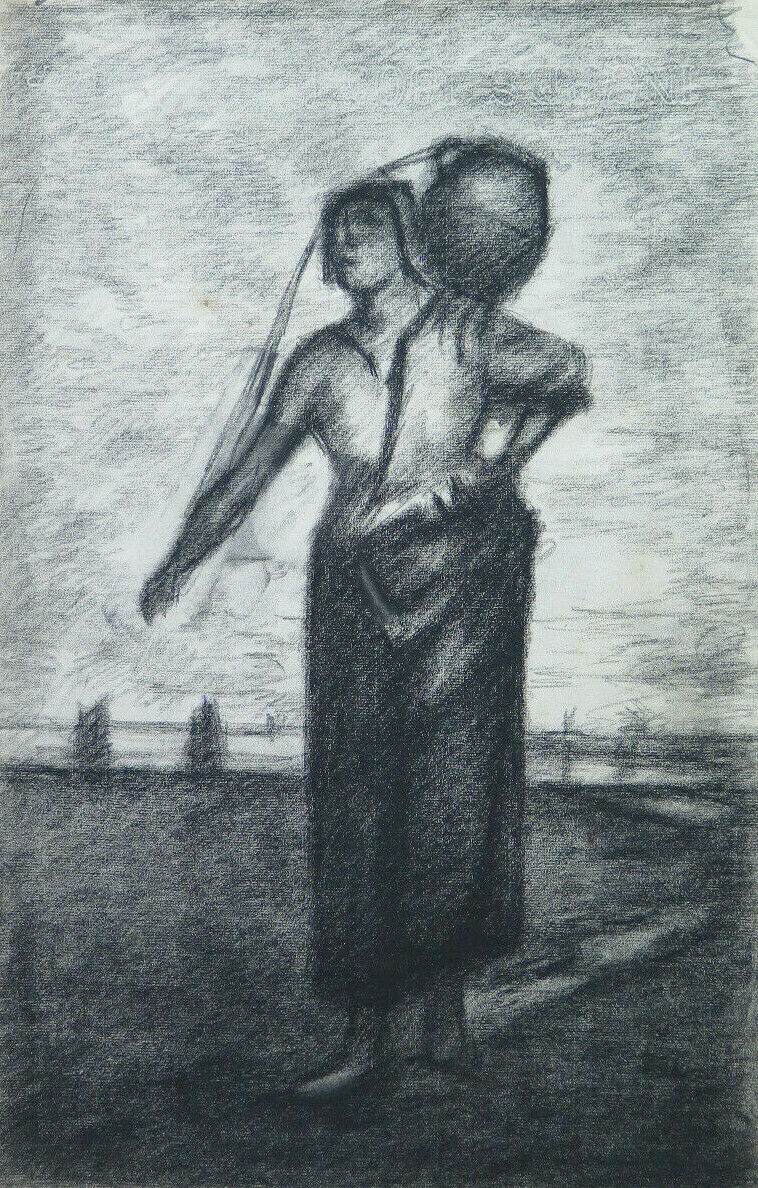 WOMAN WITH JUG ON SHOULDERS ANTIQUE DRAWING PAINTER Pierre Duteurtre DUT BM53.1