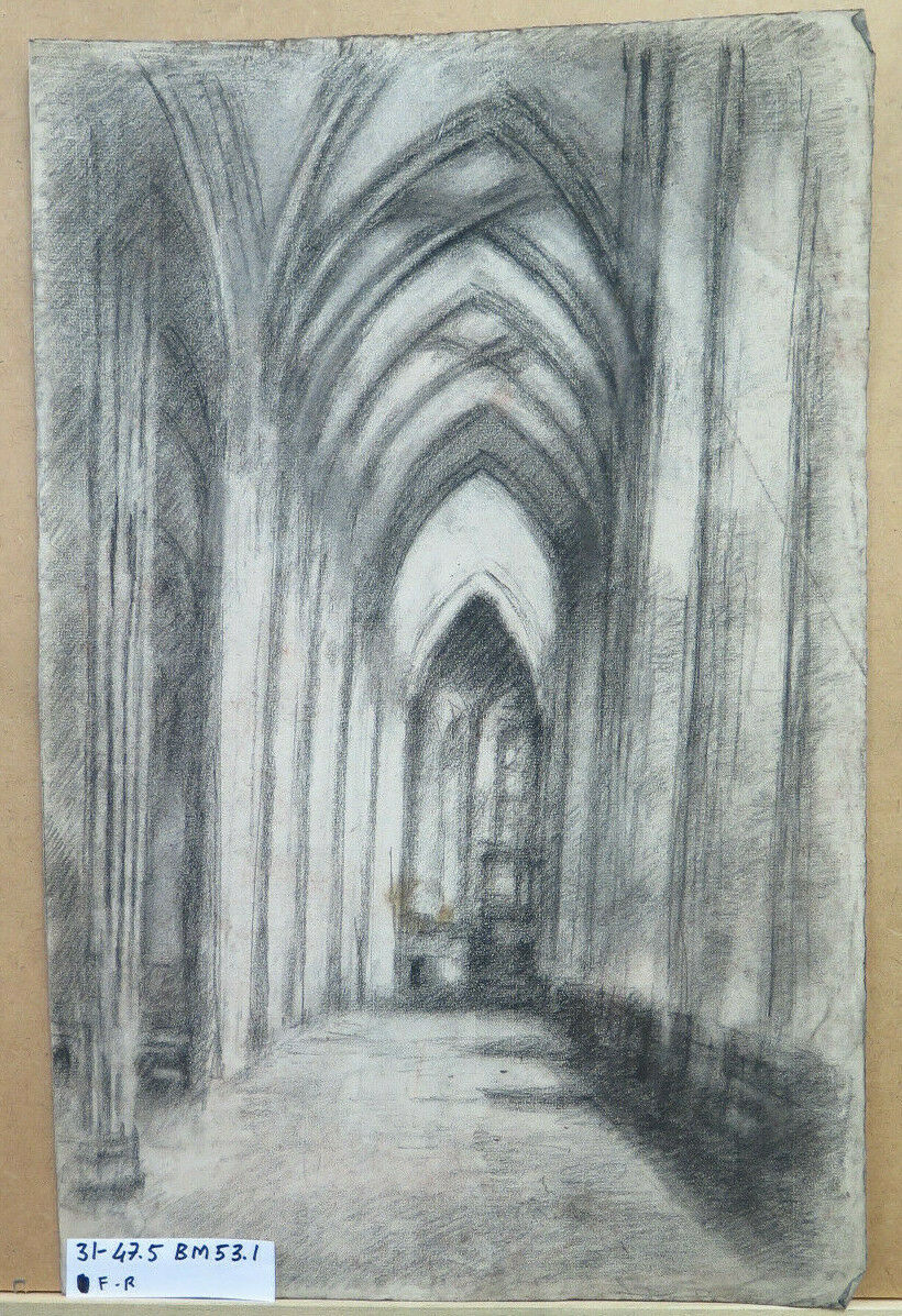 QUADRO DISEGNO ANTICO INTERNO CHIESA GOTICA Pierre Eugène Duteurtre DUT BM53.1