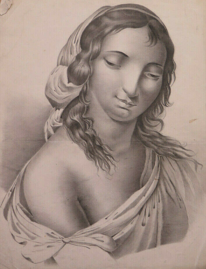 ANTIQUE DRAWING FEMALE PORTRAIT FRANCE 800 ANTIQUE NEOCLASSIC PAINTING BM53.3 