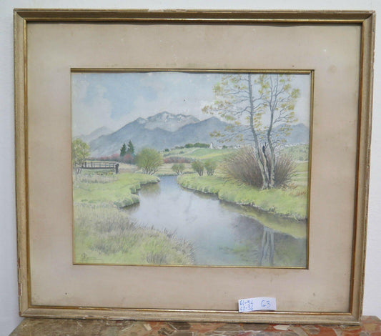 ANTICO ACQUERELLO SU CARTA PAESAGGIO MONTAGNA IN PRIMAVERA FIRMATO ORIGINALE G3 - Belbello Antiques