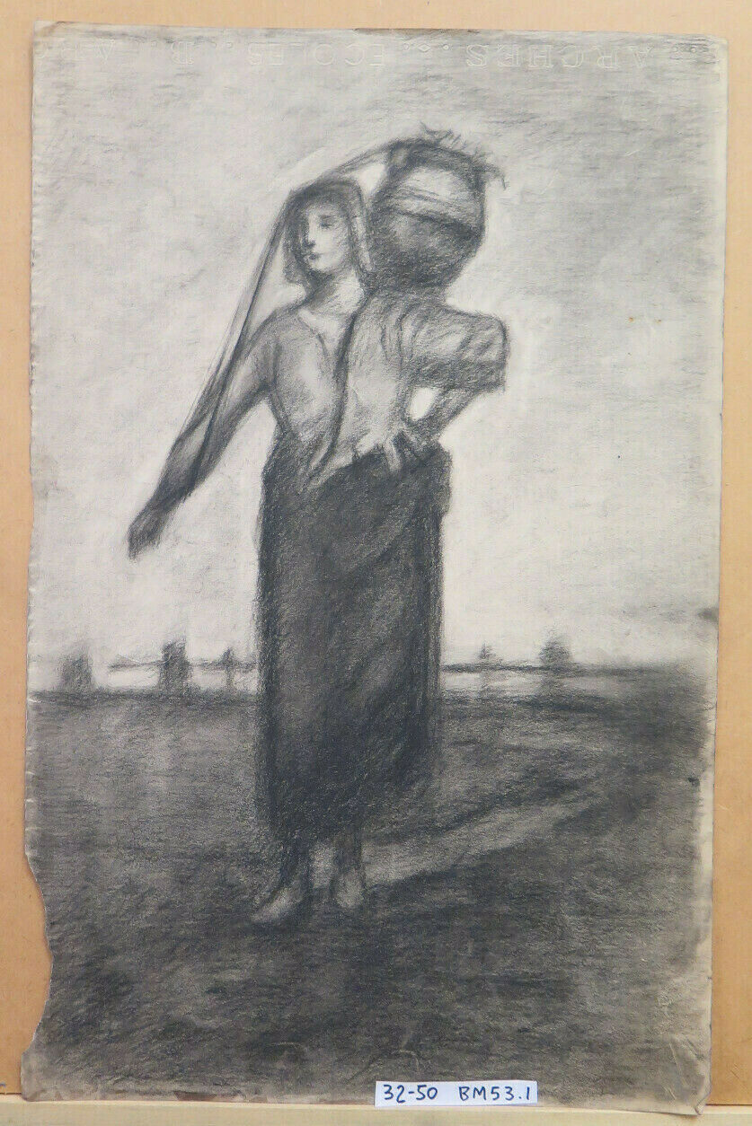 WOMAN WITH JUG ON HER SHOULDERS ANTIQUE DRAWING BY Pierre Duteurtre DUT BM53.1 