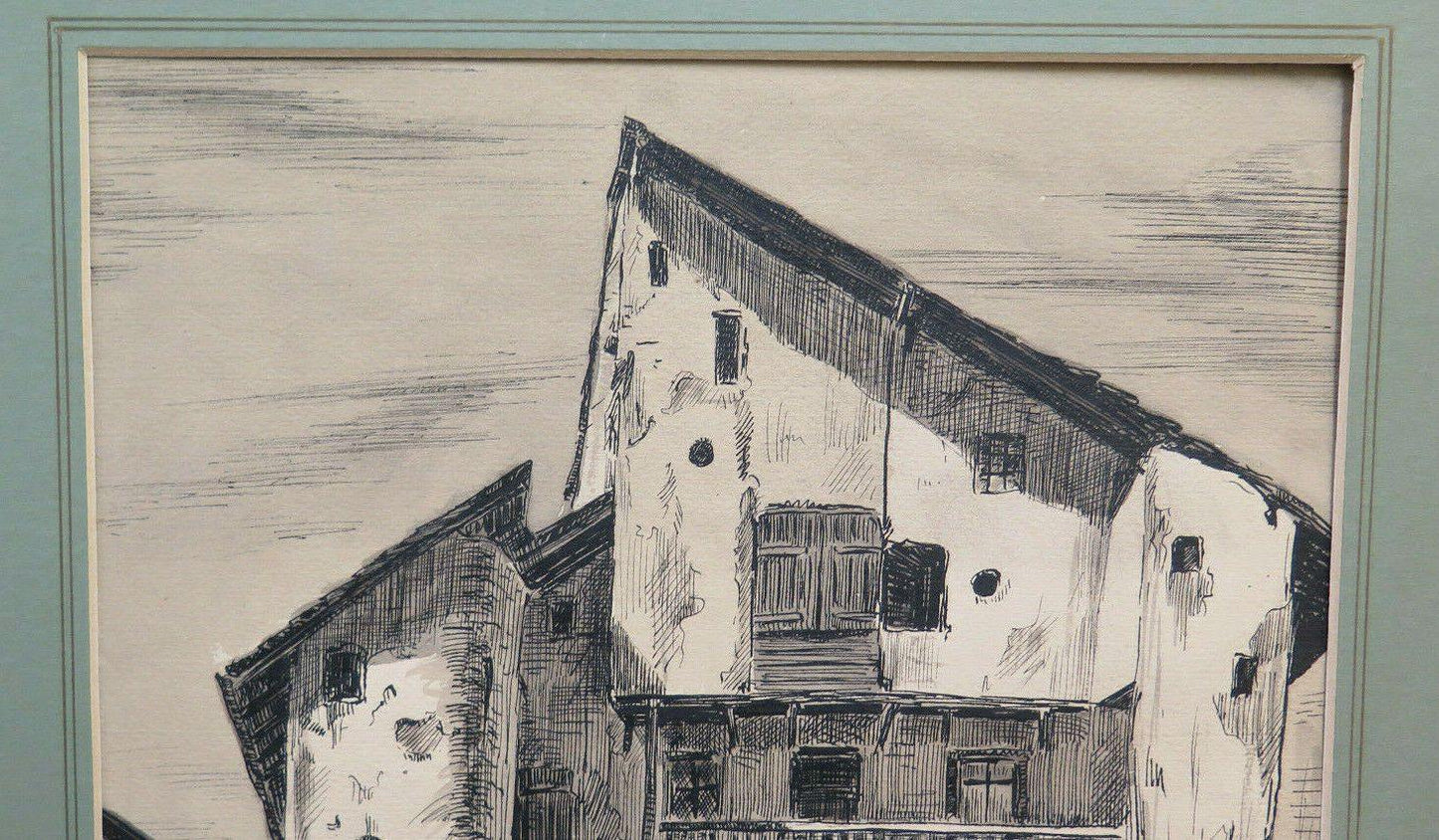 QUADRO ANTICO DIPINTO A CHINA FIRMATO VEDUTA BORGO DI MONTAGNA DISEGNO BM53.2 - Belbello Antiques