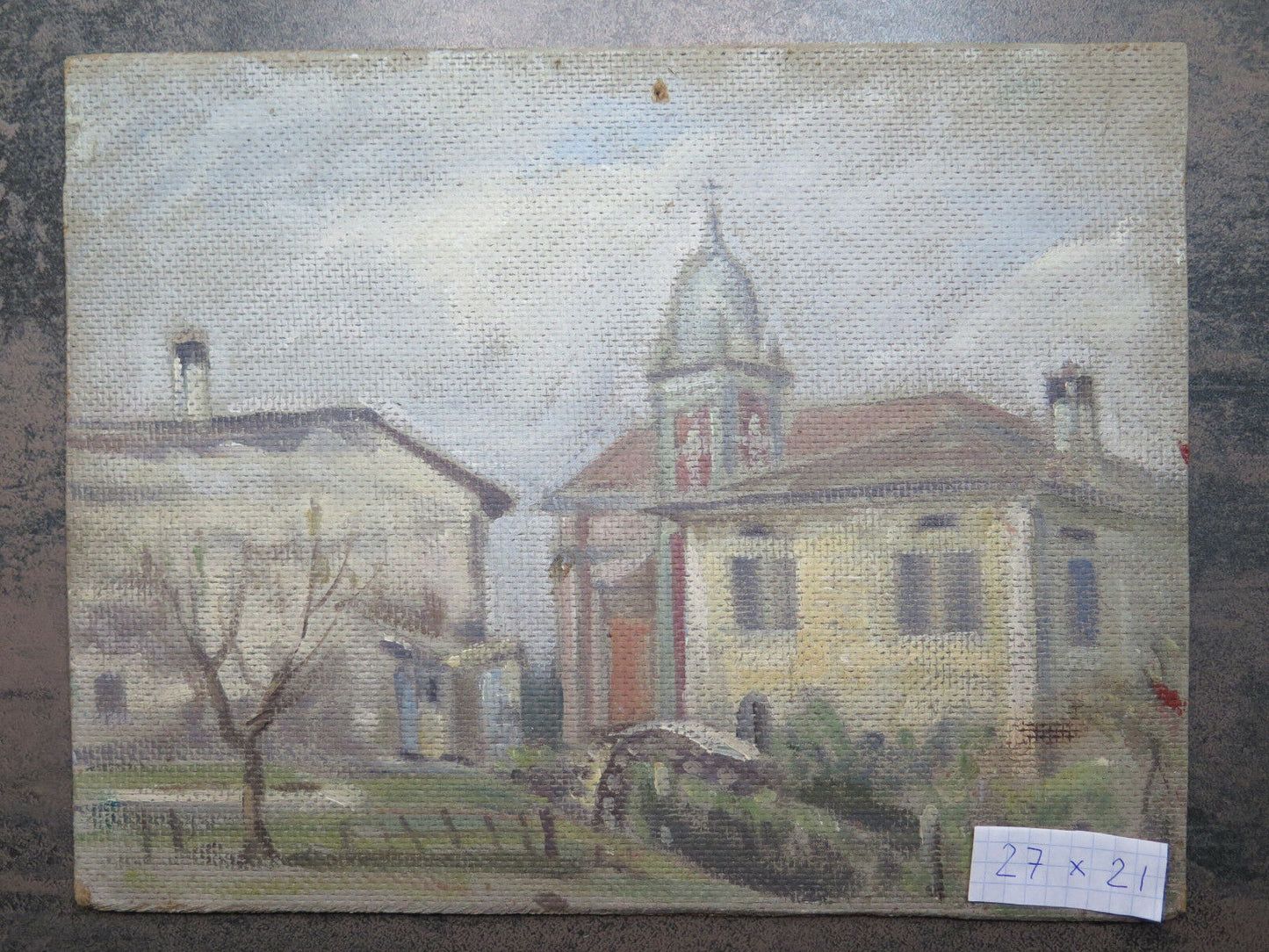 PICCOLO DIPINTO AD OLIO SU TAVOLA QUADRO PAESAGGIO BORGO ANTICO MODERNO 1960 p1 - Belbello Antiques