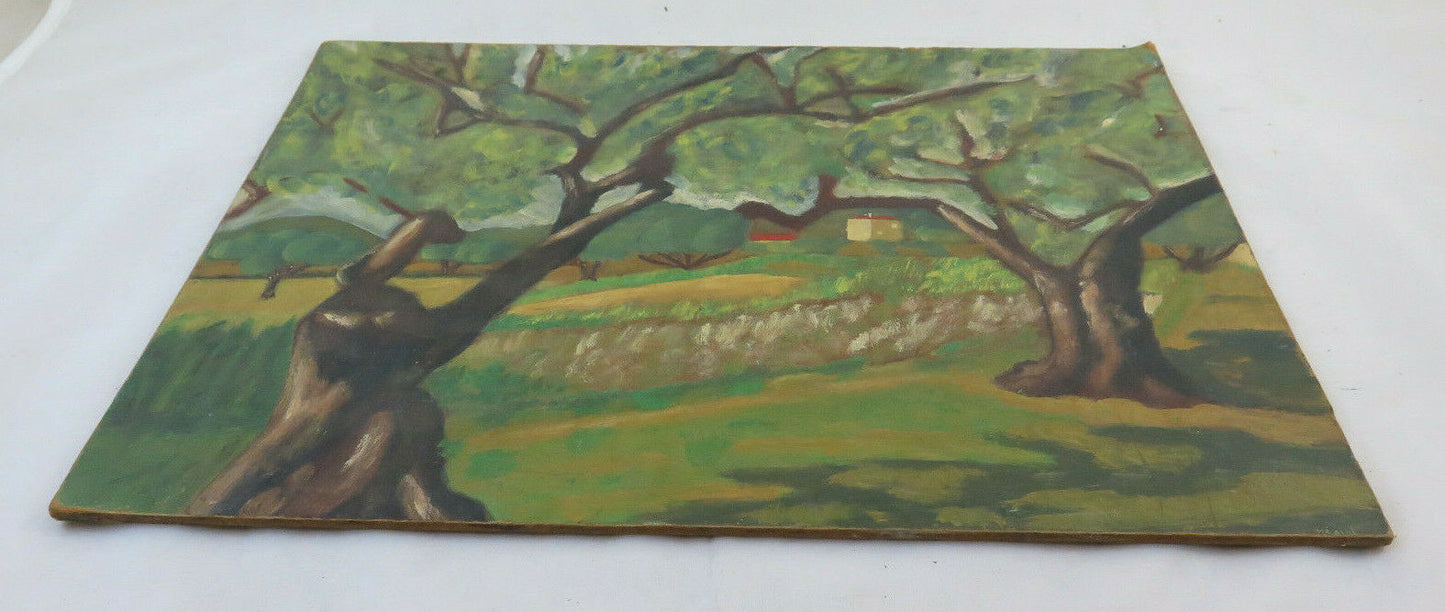 OLD OIL PAINTING ON TABLE COUNTRY LANDSCAPE IN SPRING SIGNED BM40 