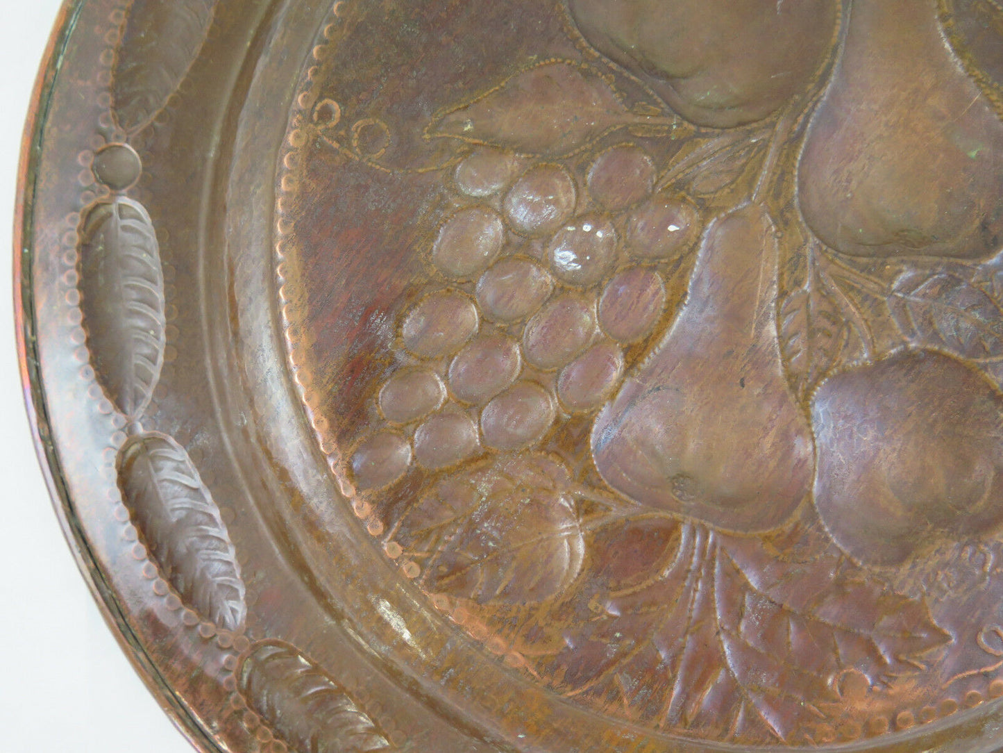 LARGE ANTIQUE COPPER EMBOSSED PLATE WITH GRAPES FRUIT CENTERPIECE R90