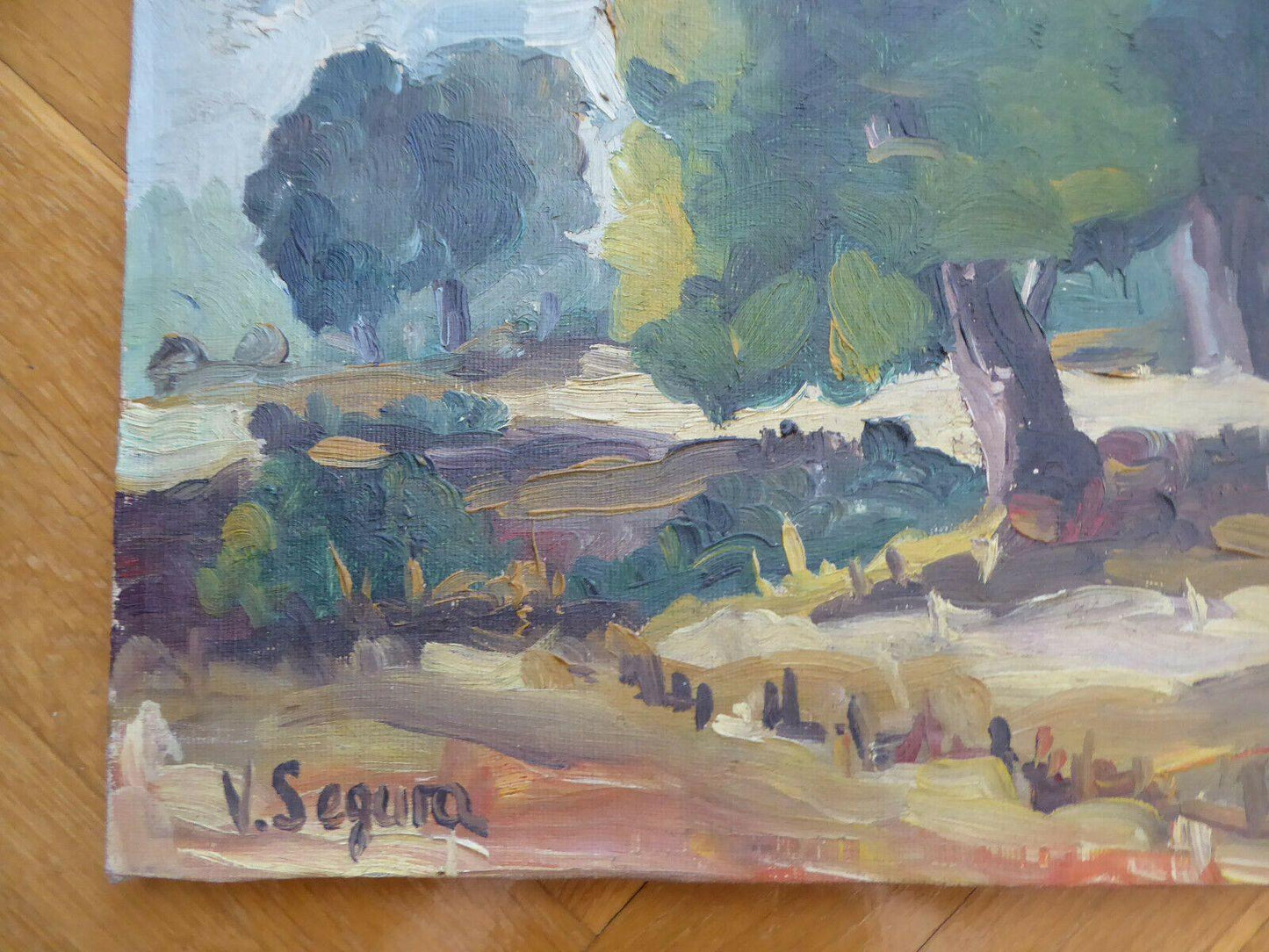 VECCHIO QUADRO DIPINTO OLIO SU TELA PAESAGGIO SPAGNOLO STILE IMPRESSIONISTA MD5 - Belbello Antiques